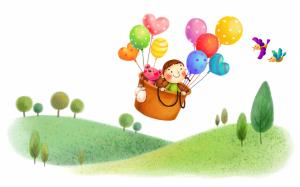 Art, Kids, Girl, Balloon, Bird, Trees, Simple Background, Green Hill, Travelling wallpaper thumb