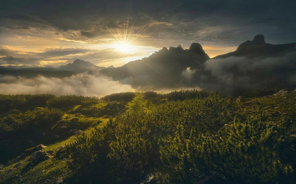 Nature, Landscape, Mountain, Sunset, Spring, Italy, Sun Rays, Mist wallpaper,nature wallpaper,landscape wallpaper,mountain wallpaper,sunset wallpaper,spring wallpaper,italy wallpaper,sun rays wallpaper,mist wallpaper,1300x812 wallpaper