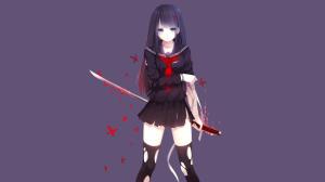 Anime Girls, Sword, School Uniform, Original Characters, Purple Background, Black Hairl, Blood, Bandage, Blue Eyes, Torn Clothes, Thigh-Highs wallpaper thumb