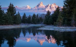 USA, Wyoming, Grand Teton National Park, lake, trees, morning wallpaper thumb