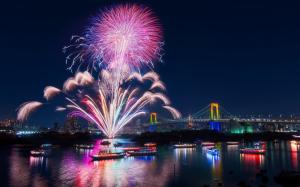 City, River, Boat, Fireworks, Bridge, Tokyo, Japan, Night, Light wallpaper thumb