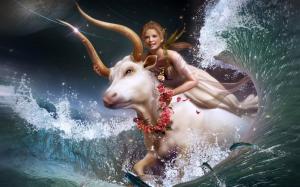 Girl riding a white cow in the water running wallpaper thumb