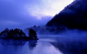Japan, Fukushima, lake Akimoto, evening, trees, water reflection, mist, blue wallpaper thumb