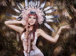 Beautiful girl, asian, feathers hat wallpaper thumb