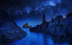 Blue Monolith, rocks, stars, sea, night wallpaper thumb