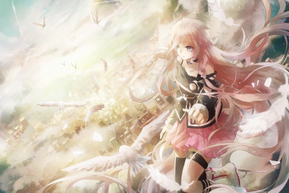 Vocaloid, IA, Long Hair, Floating, Sky, Bird, City, Clouds, Feathers, Skirt, Thigh-Highs, Boots, Anime Girls wallpaper,vocaloid wallpaper,ia wallpaper,long hair wallpaper,floating wallpaper,sky wallpaper,bird wallpaper,city wallpaper,clouds wallpaper,feathers wallpaper,skirt wallpaper,1765x1180 wallpaper