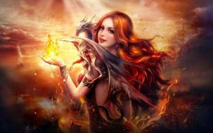 Beautiful fantasy girl, red haired, smile, dragon, fire wallpaper thumb