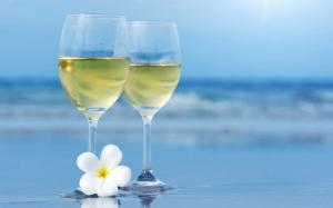 Two glass cups, white flower, sea, blurry wallpaper thumb