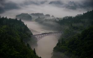Landscape, Nature, Mist, Morning, Train, Bridge, Forest, Mountain, Trees wallpaper thumb