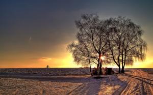 Winter landscape, snow, road, trees, sunset wallpaper thumb