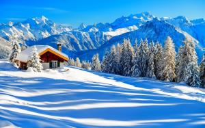 Winter, snow, house, trees, nature, forest, mountains, sky, white wallpaper thumb