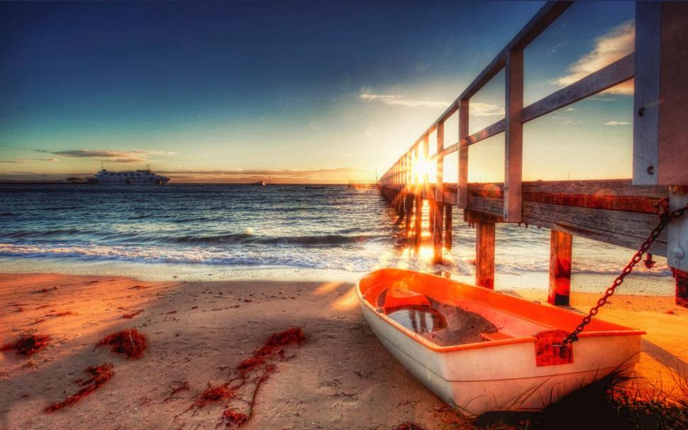Little Row Boat Tied To Sea Pier At Sunrise Hdr wallpaper,boat HD wallpaper,beach HD wallpaper,ship HD wallpaper,pier HD wallpaper,sunrise HD wallpaper,boats HD wallpaper,1920x1200 wallpaper