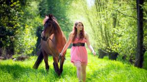 Girl and horse, grass, forest wallpaper thumb