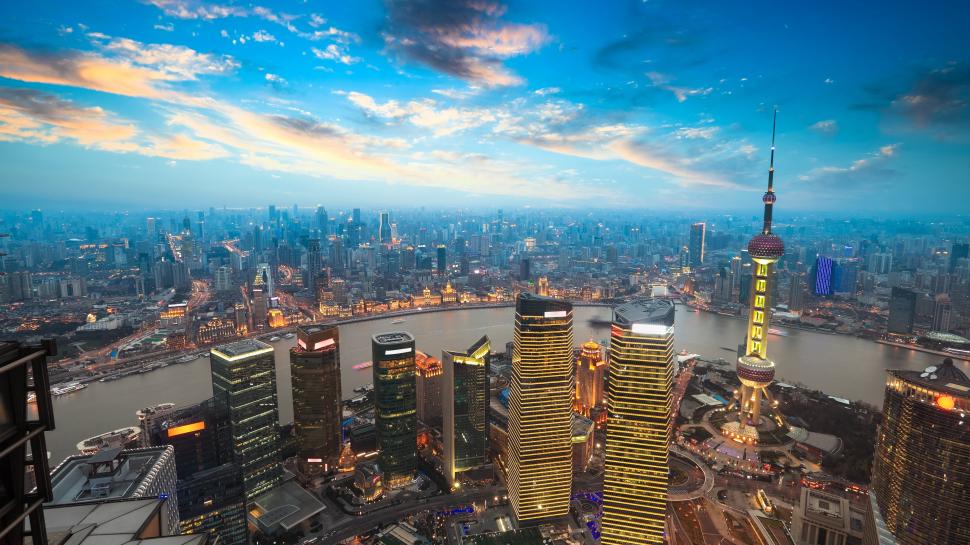 Shanghai, China, city, tower, skyscrapers, river, dusk, lights wallpaper,Shanghai HD wallpaper,China HD wallpaper,City HD wallpaper,Tower HD wallpaper,Skyscrapers HD wallpaper,River HD wallpaper,Dusk HD wallpaper,Lights HD wallpaper,3840x2160 wallpaper