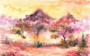 Watercolor painting, landscape, trees, birds, leaves, grass wallpaper thumb