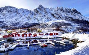 Norway, bay, mountains, houses, sky, clouds, snow, winter wallpaper thumb