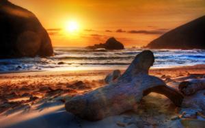 Beach, coast, sea, mountains, rocks, sunset wallpaper thumb