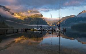 Lake, mountain, boat, morning, fog wallpaper thumb
