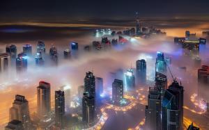 Cityscape, Skyscraper, Mist, Lights, Architecture, Urban, Dubai, Building, Modern, Night, United Arab Emirates, Desert wallpaper thumb