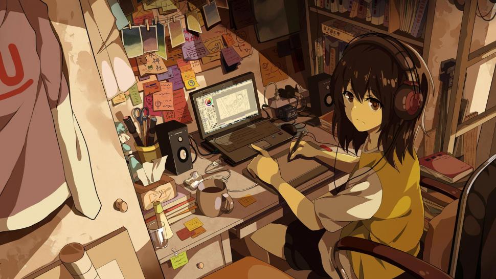 Rooms Anime Girls Laptop Headphone Drawing Wallpaper Anime