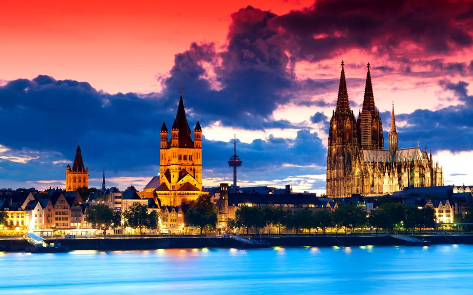 Gothic cathedral in Cologne, Germany, city night, river, clouds wallpaper,Gothic HD wallpaper,Cathedral HD wallpaper,Cologne HD wallpaper,Germany HD wallpaper,City HD wallpaper,Night HD wallpaper,River HD wallpaper,Clouds HD wallpaper,2560x1600 wallpaper