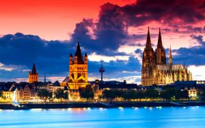 Gothic cathedral in Cologne, Germany, city night, river, clouds wallpaper thumb