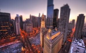 Chicago city at dawn, Illinois, USA, Chicago, winter, buildings, lights, height wallpaper thumb