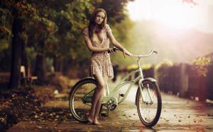 Beautiful barefoot girl, bicycle, fall wallpaper thumb