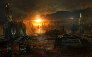 Sun rising over sci-fi city wallpaper thumb