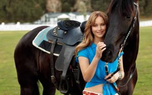Jennifer Lawrence, blondes, women, actresses, animals, horses, blue dress, girls with horses wallpaper thumb