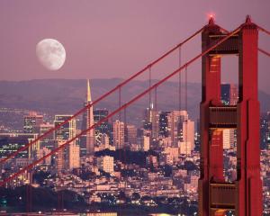 Golden Gate Bridge Bridge San Francisco Buildings Skyscrapers Moon HD wallpaper thumb