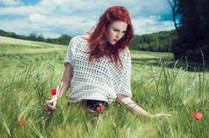 Women, Redhead, Red Flowers, Grass, Nature, Look Down wallpaper thumb