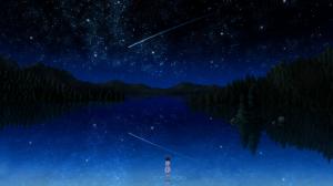 Anime Night Lake Stars Comet Asteroid Reflection Trees HD wallpaper thumb
