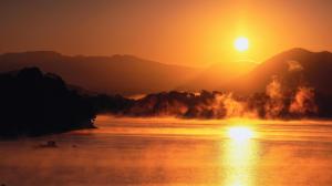 Fantastic Fog On Lake At Sunset wallpaper thumb