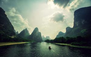 Mountains, clouds, rocks, river, boat, Vietnam landscape wallpaper thumb
