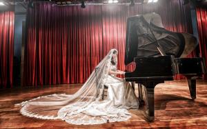 Asian girl, bride, white dress, piano, music wallpaper thumb