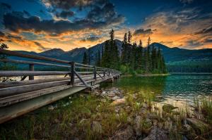 Jasper National Park, Canada, Landscape, Lake, Bridge, Sunset, Mountain, Trees, Sky, Nature wallpaper thumb