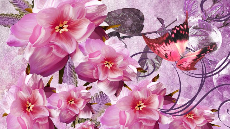 Painted Pink Flowers wallpaper,leaves HD wallpaper,purple HD wallpaper,butterflies HD wallpaper,pink HD wallpaper,flowers HD wallpaper,scrolls HD wallpaper,3d & abstract HD wallpaper,1920x1080 wallpaper