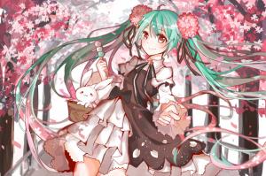 Vocaloid, Hatsune Miku, Long Hair, Twintails, Flower in Hair, Ribbon, Dress, Cherry Trees, Rabbits, Anime Girls wallpaper thumb