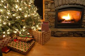 christmas tree, garland, gift, holiday, fireplace wallpaper thumb