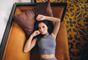 Aurela Skandaj, Women, Model, Couch, Portrait, Brunette, Blue Eyes wallpaper thumb