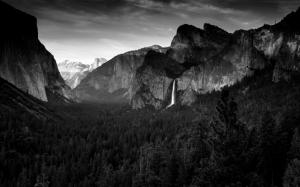 Yosemite Mountain Rock Stone Cliff Forest Trees Landscape BW HD wallpaper thumb