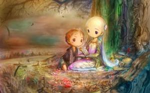 Girl and boy reading a book under the tree wallpaper thumb