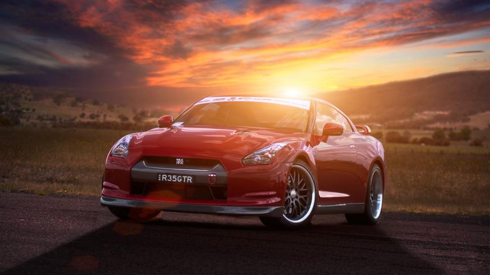 Nissan GT-R R35 red supercar at sunset wallpaper,Nissan HD wallpaper,Red HD wallpaper,Supercar HD wallpaper,Sunset HD wallpaper,1920x1080 wallpaper