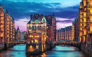 Germany, Hamburg, night, houses, lights, river, bridge wallpaper thumb