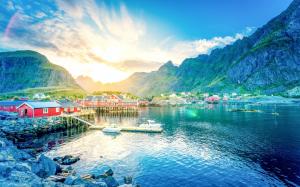 Norway, Lofoten, lake, mountains, gorge, sunrise, town, houses, pier, boat wallpaper thumb