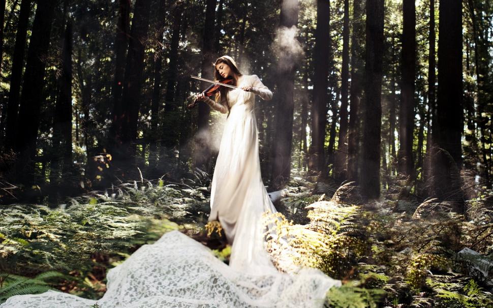 White dress music girl, play violin in the forest wallpaper,White HD wallpaper,Dress HD wallpaper,Music HD wallpaper,Girl HD wallpaper,Play HD wallpaper,Violin HD wallpaper,Forest HD wallpaper,1920x1200 wallpaper