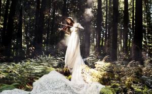 White dress music girl, play violin in the forest wallpaper thumb