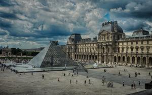 The Louvre Louvre Pyramid Buildings Clouds Paris HD wallpaper thumb
