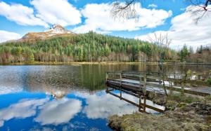 Blue sky, clouds, mountain, forest, lake, pier wallpaper thumb